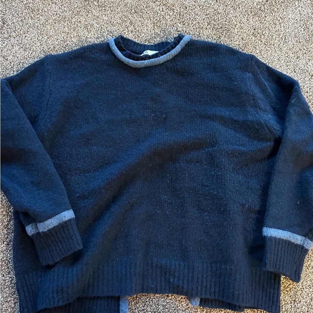 Zara Blue and Gray Crew Neck Sweater with Textured Knit